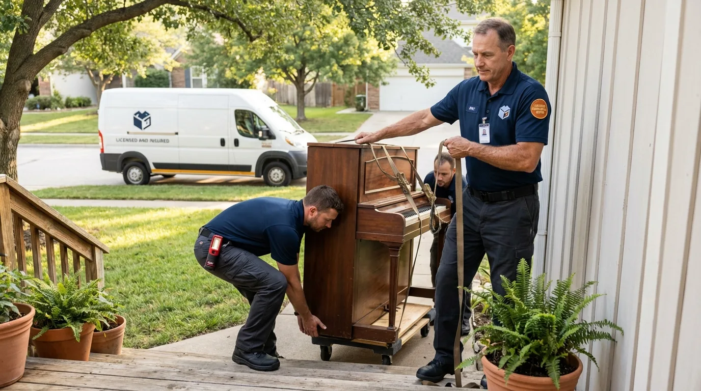 Licensed piano movers securing grand piano in Goodwell, OK