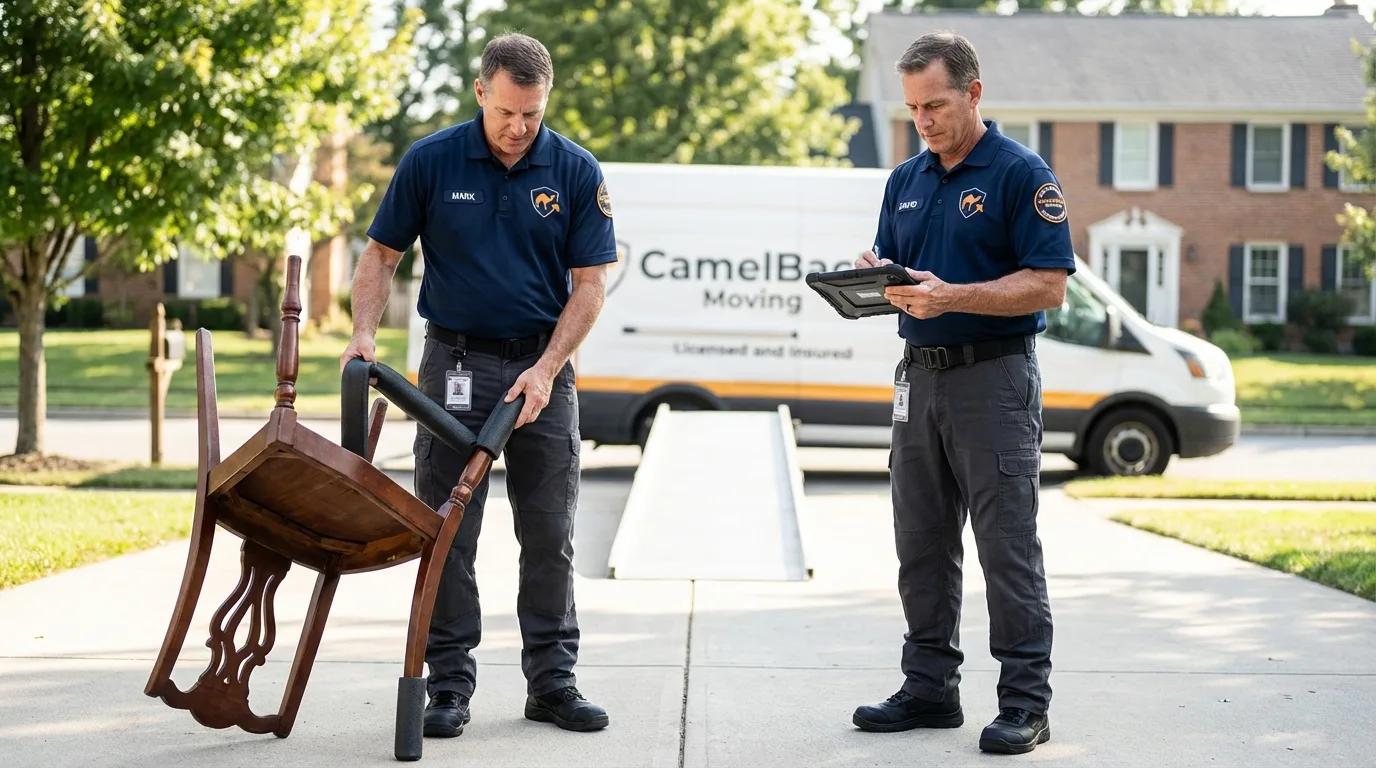 Movers inspecting furniture for damage prevention before loading in Goodwell, OK