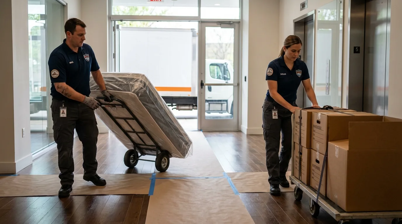 Professional apartment movers loading elevator in Goodwell, OK