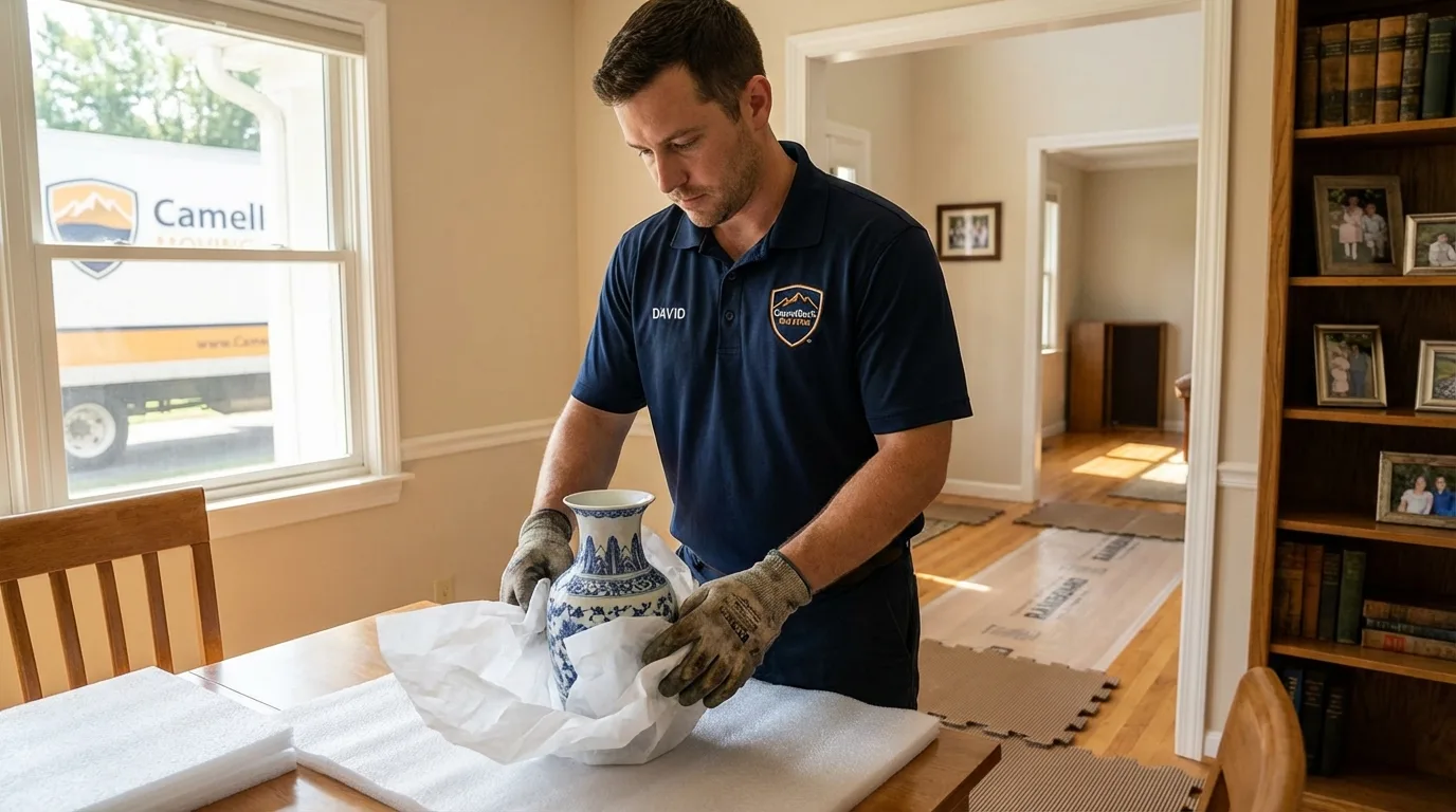 Professional crew carefully wrapping antique vase for senior downsizing move in Goodwell, OK